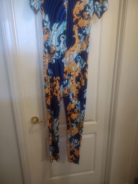 Women's Blue and Gold Printed Jumpsuit